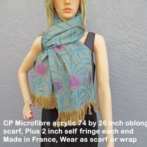 Oblong scarf, CP Microfibre acrylic 74 by 26 inch, Plus 2 inch self fringe ends